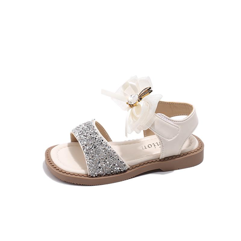Сандалии принцессы с блестками для девочек, простые детские летние пляжные модные детские блестящие кожаные сандалии с бантом 2024 года, новинка