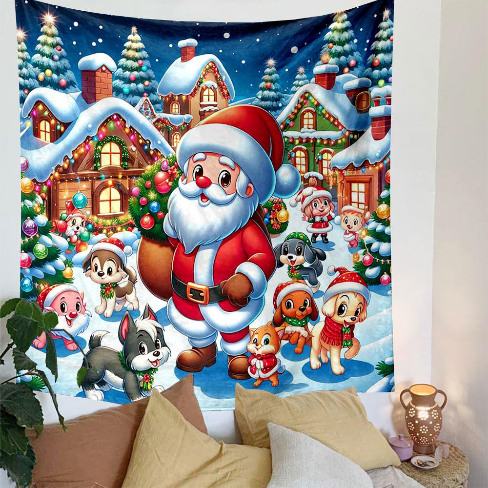 Santa Claus with Animals in Festive Village Patterned Tapestry Decorative Wall Hanging, Home Bedroom Living Room Decor