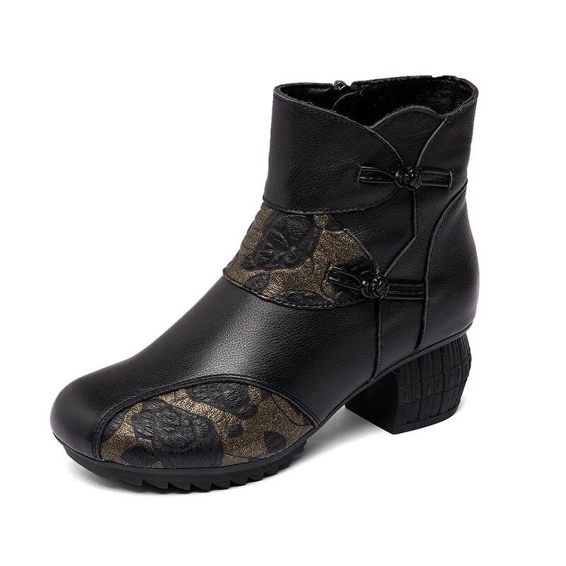 Johnature Женские короткие сапоги из натуральной кожи в этническом стиле с принтом в стиле ретро, ​​универсальные удобные туфли на толстом каблуке