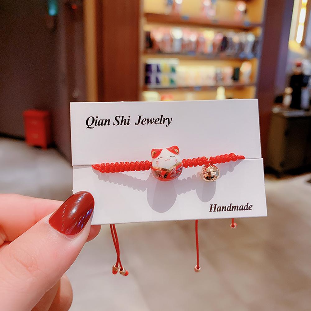 Регулируемый браслет ручной работы из красной плетеной веревки и ниток для женщин и девочек, керамический браслет с кулоном в виде кошки на удачу, ювелирные изделия в японском стиле