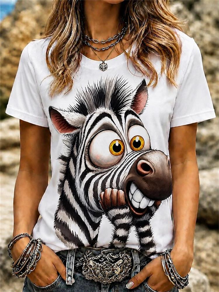 Women's Simple Crew-Neck T-Shirt with 3D Cat Print Fashionable Short-Sleeve Trendy Streetwear-Style Women's Loose-Fit Top