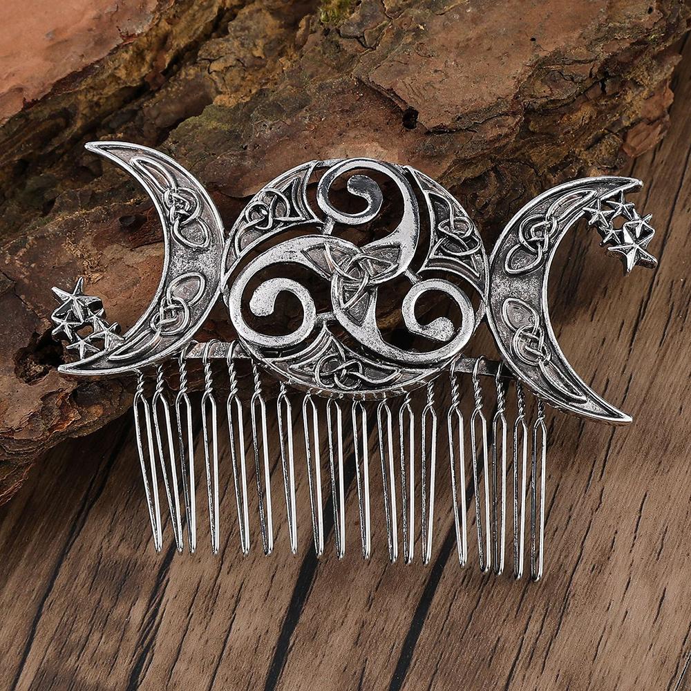 1pc Novel Celtic Triple Moon Hair Comb Antique Finish Intricate Pagan Wiccan Vibes Ideal Boho Ritual Styles Mystical Fashion
