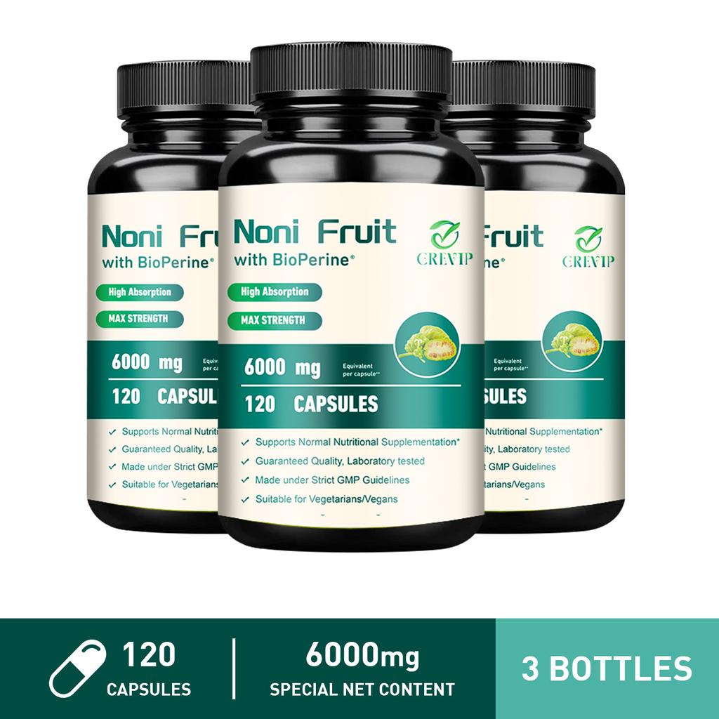 GREVIP Noni Fruit Extract Capsules, 6000 mg per serving, easily absorbed, suitable for adults.