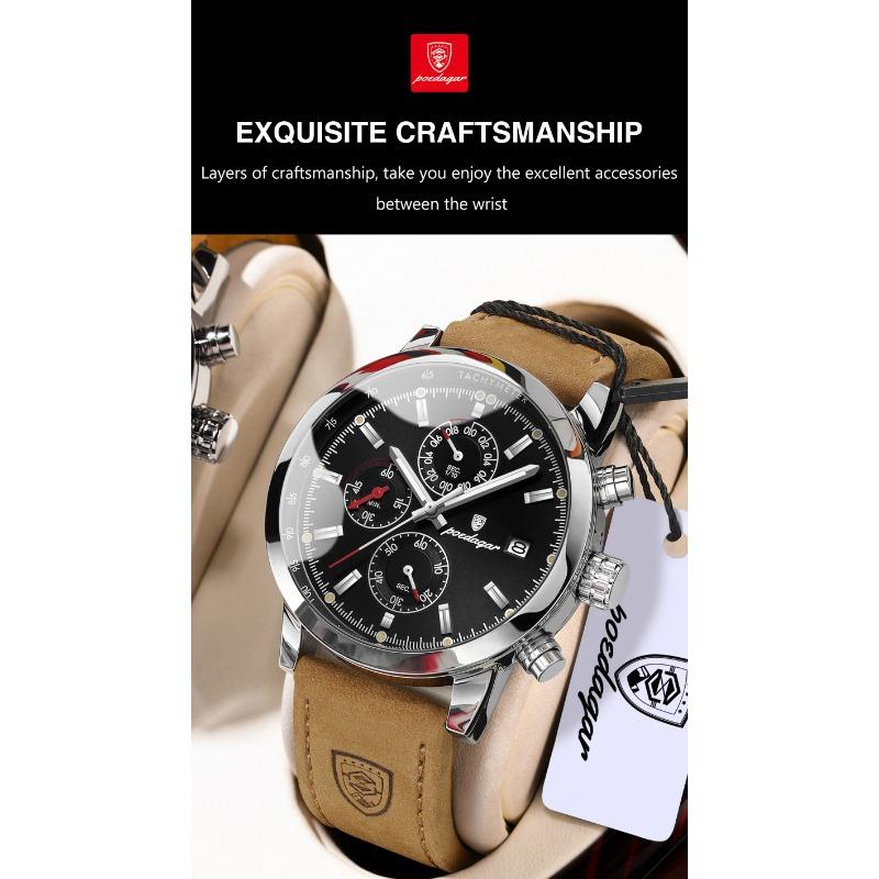 POEDAGAR Functional Luxury Man Wristwatch Date Waterproof Luminous Chronograph Men Watch Male Leather Quartz Watches