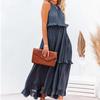 Women Vacation Dress Ruffle Off Shoulder Sleeveless Halter Neck Patchwork A-line Loose Pleated Side Pockets Solid Color Cake
