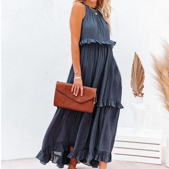Women Vacation Dress Ruffle Off Shoulder Sleeveless Halter Neck Patchwork A-line Loose Pleated Side Pockets Solid Color Cake