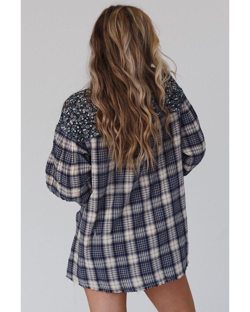 Azura Exchange Blue Floral Plaid Mixed Print Bishop Sleeve Patchwork Top