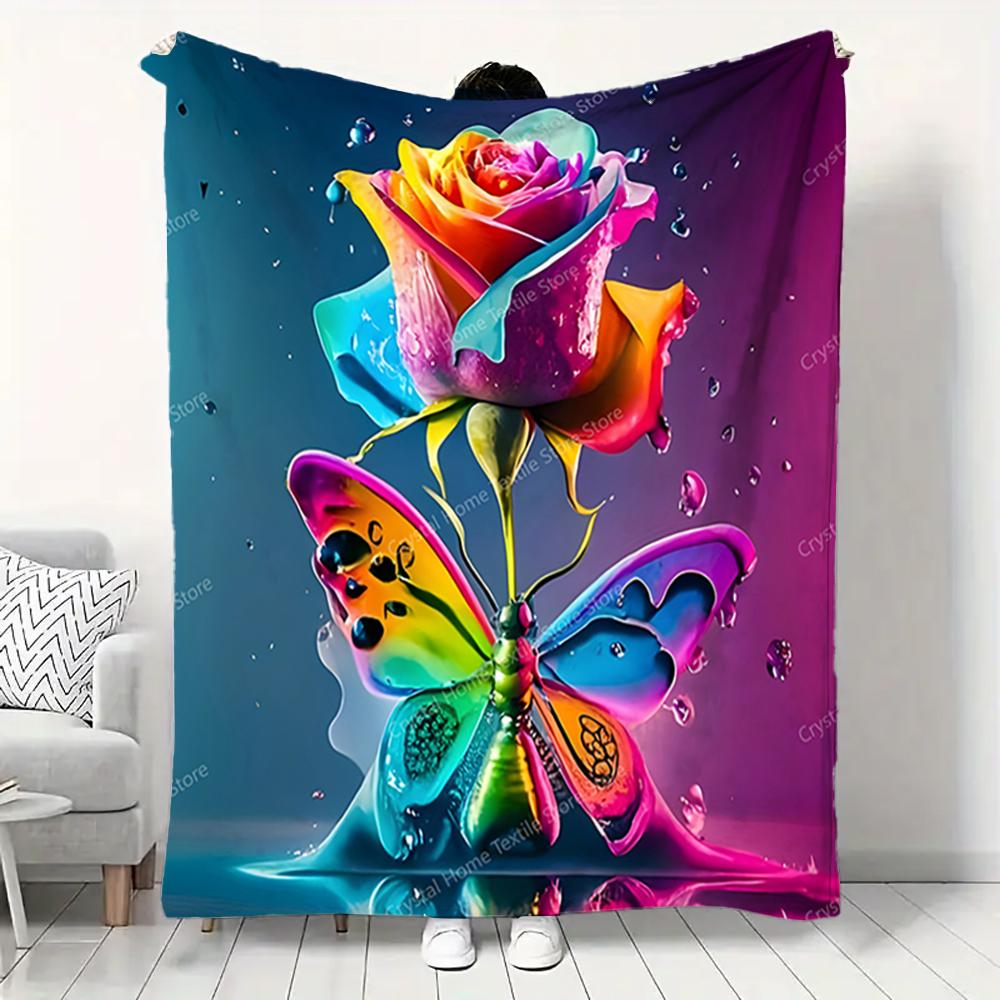Colorful Rose & Butterfly Design Flannel Blanket Sofa Lunch Soft Break Blanket Children Student Kids Gift,Office Couch Chair Bed
