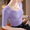 Medium Sleeve T-shirt Women's New Women's Clothing Wide Edge Round Neck Solid Color T-shirt Temperament Five-quarter Sleeve Waist Tight Top