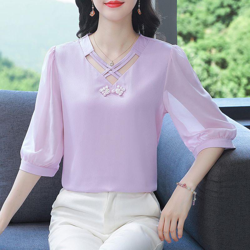 Women's Summer Shirts Fashionable and Western Design with Seven Sleeve Chiffon Style Small Top