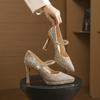 10525 [sheepskin] High Heels Women's Thick Heel 2025 New Wedding Shoes Pointed Silver Waterproof Table Single Shoes