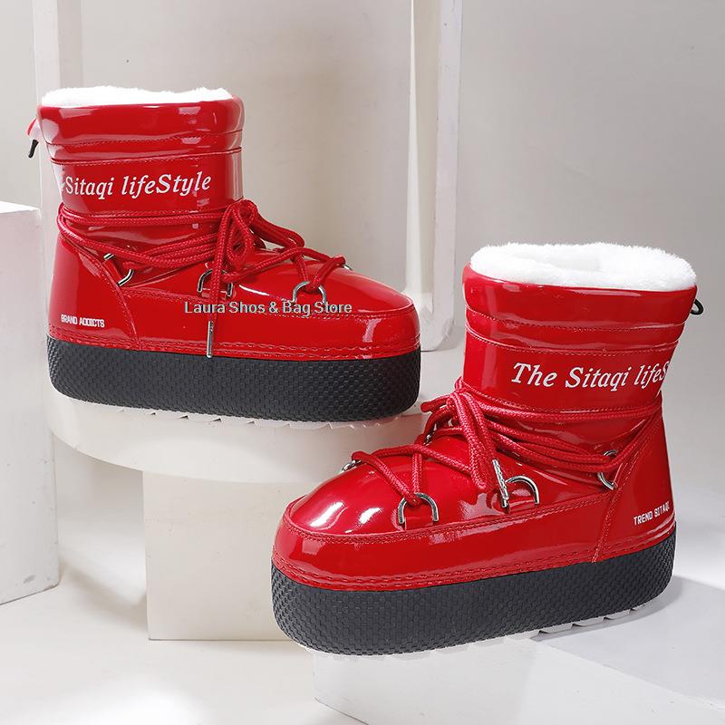 Модные зимние женские зимние ботинки для горных лыж для родителей и детей, водонепроницаемые ботинки до щиколотки, женские теплые плюшевые хлопковые ботинки на платформе и плоском каблуке