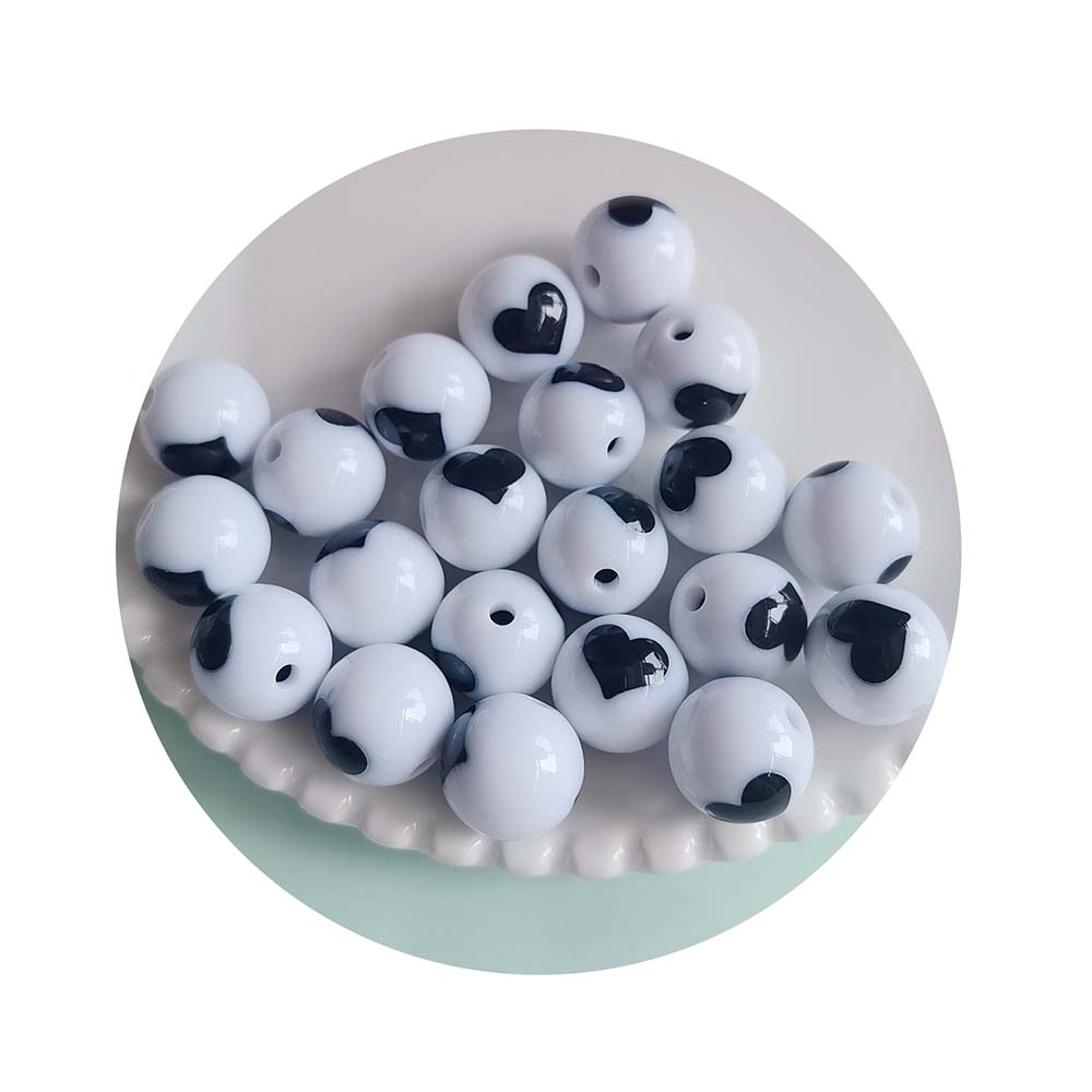 100PCS Round Acrylic Black and White LOVE Heart Beads for Jewelry Making DIY Bracelet Keychain Beaded Pen Handmade Craft Supply