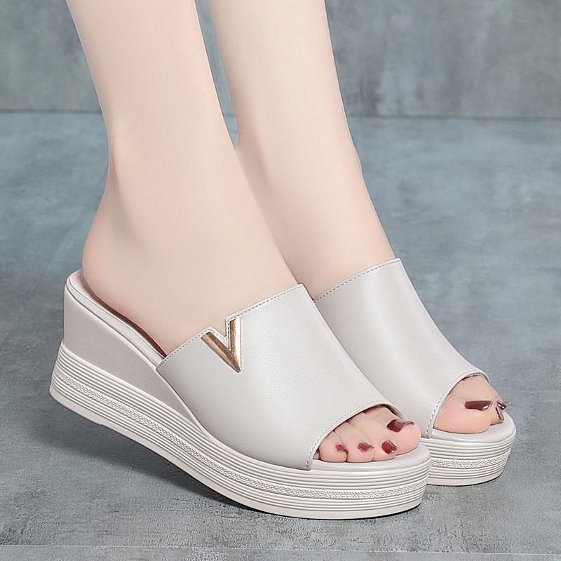 Универсальная мягкая кожаная летняя обувь, модные сандалии для мам, женские сандалии на танкетке, платформе, сандалии-рыбьи губы