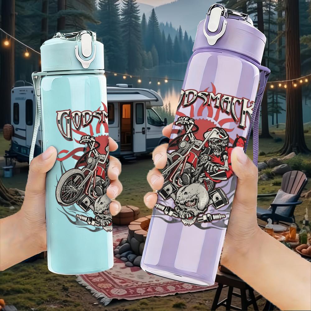 1PC Dark floral band grunge collage print 750ml colorful plastic sports water bottle leakproof pop up lid with straw for outdoor work home use