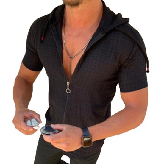 Мужская футболка с капюшоном, короткими рукавами, клетчатая футболка на молнии, повседневный тонкий летний топ для спорта, отдыха на природе, пляжа