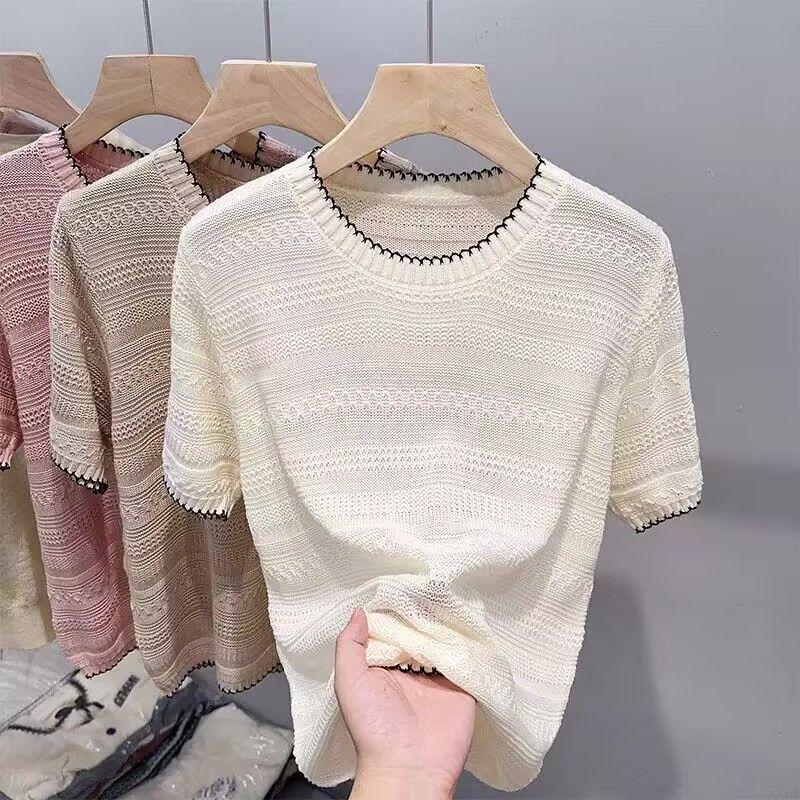 Ажурная вязаная футболка с коротким рукавом для женщин, летний стильный и свободный тонкий топ