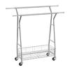 Clothes Rack, Rolling Clothing Garment Rack with 2 Hanging Rods and Storage Basket, 150 kg Load Capacity, Extendable Carbon Steel Clothing Racks with