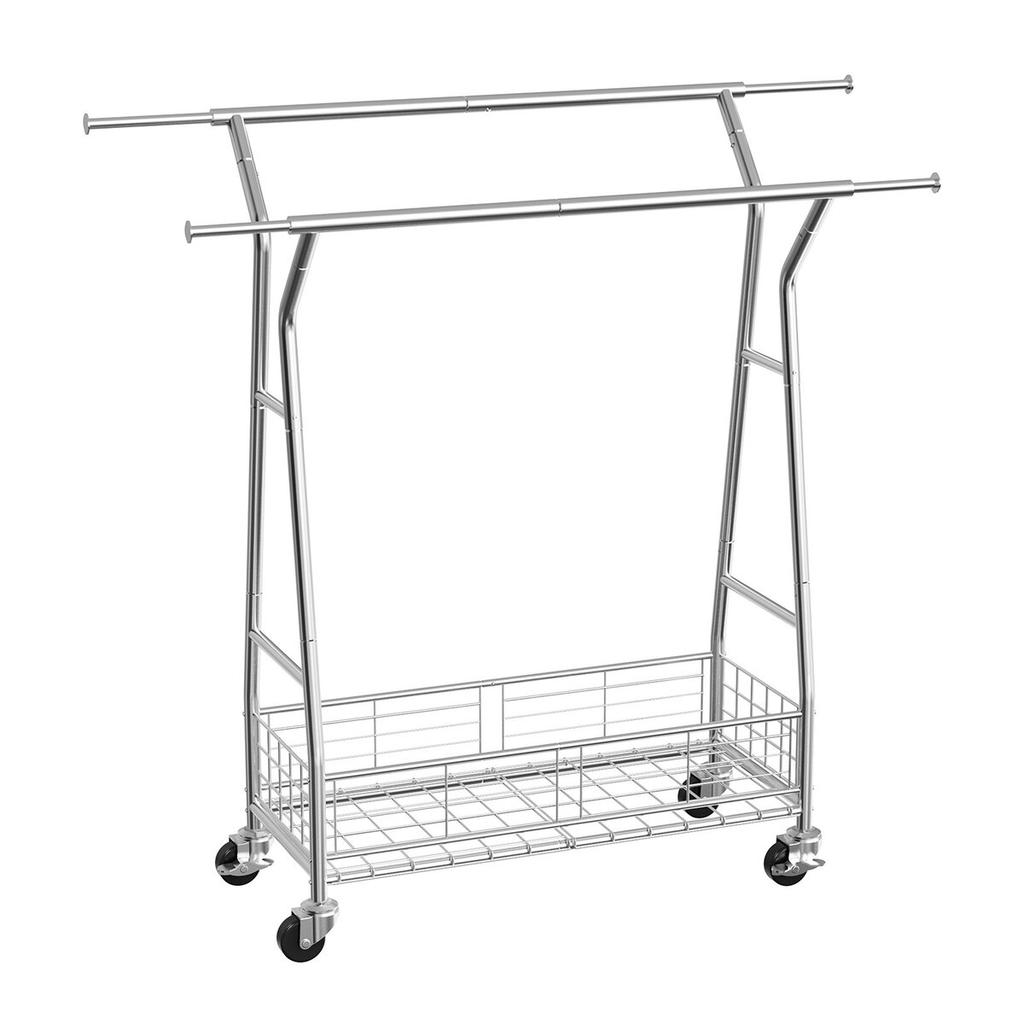 Clothes Rack, Rolling Clothing Garment Rack with 2 Hanging Rods and Storage Basket, 150 kg Load Capacity, Extendable Carbon Steel Clothing Racks with