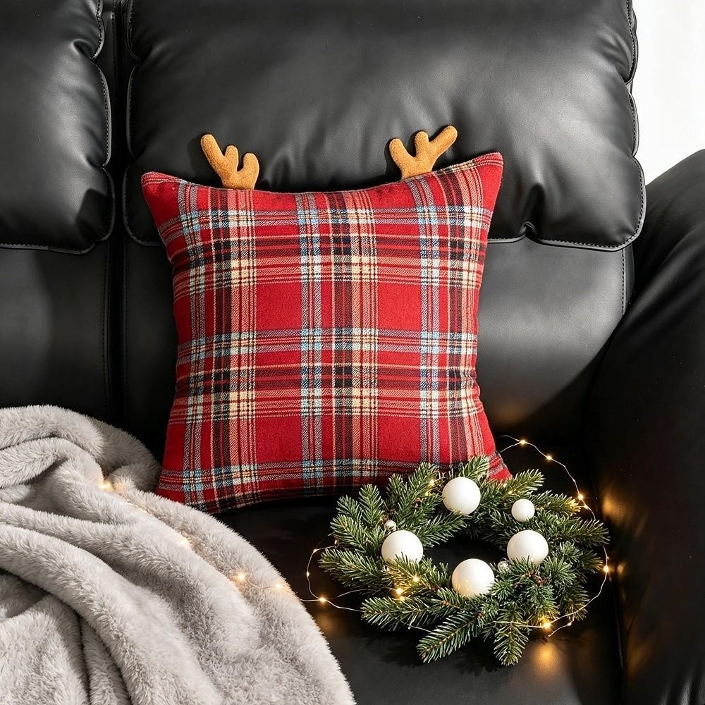Sofa Home Decor Checkered Antlers Pillow Cover Soft Pillow Case Cushion Cover Christmas Decor
