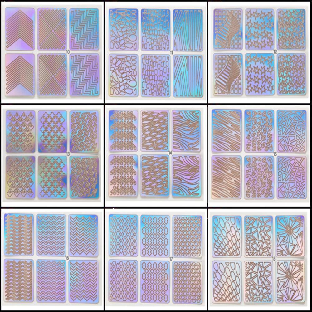 6/12/24/26pcs Laser Nail Sticker Set Holographic Adhesive Nail Art Stencil Hollow DIY Nail Art Decal Manicure Tool