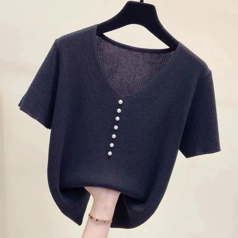 Женский вязаный топ с V-образным вырезом, короткий рукав, пуговицы-жемчужины, повседневная свободная блузка