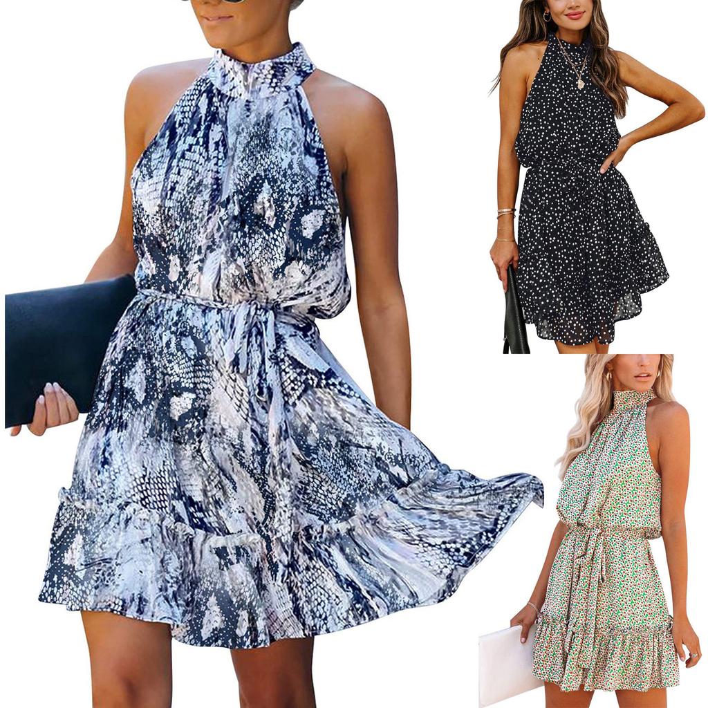 Women's Fashion Sleeveless Neck Tie Waist Floral Print Chiffon Dress