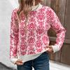 Half High Neck Knit Autumn Winter Floral Jacquard Pink Sweater