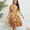 Summer Women’s Floral Print Dress V-neck Short Sleeve High Waist Midi Dress Work Vacation Casual Dress Breathable Lightweight Comfortable Dress