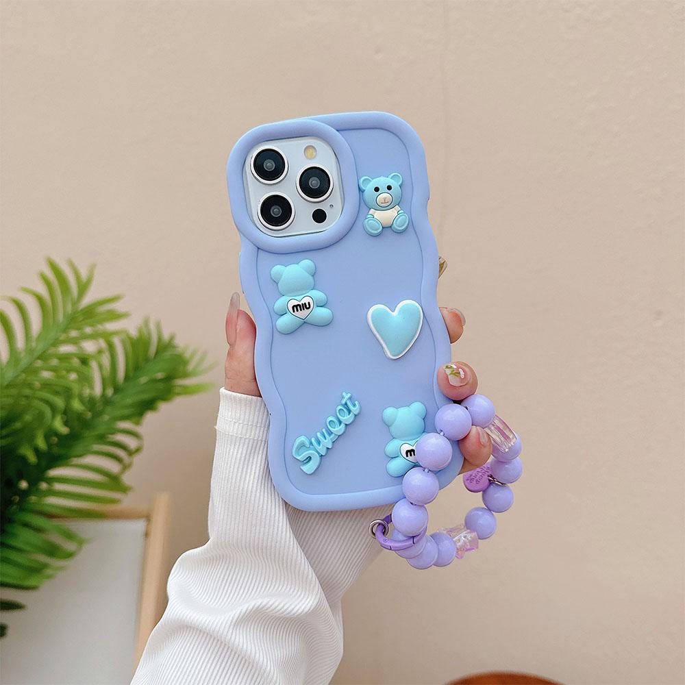 S24U S23FE S21FE A55 A54 A53 Cute Love Bear Hand Strap Wave Phone Case For Samsung Galaxy A35 A34 A33 A25 A24 Shockproof Cover