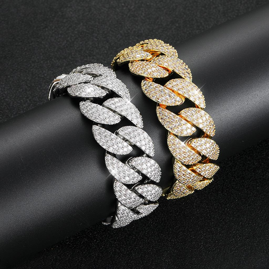 New 22mm Bubble T Square Zircon Cuban Chain Gold Plated Hip Hop Men's Trendy Bracelet