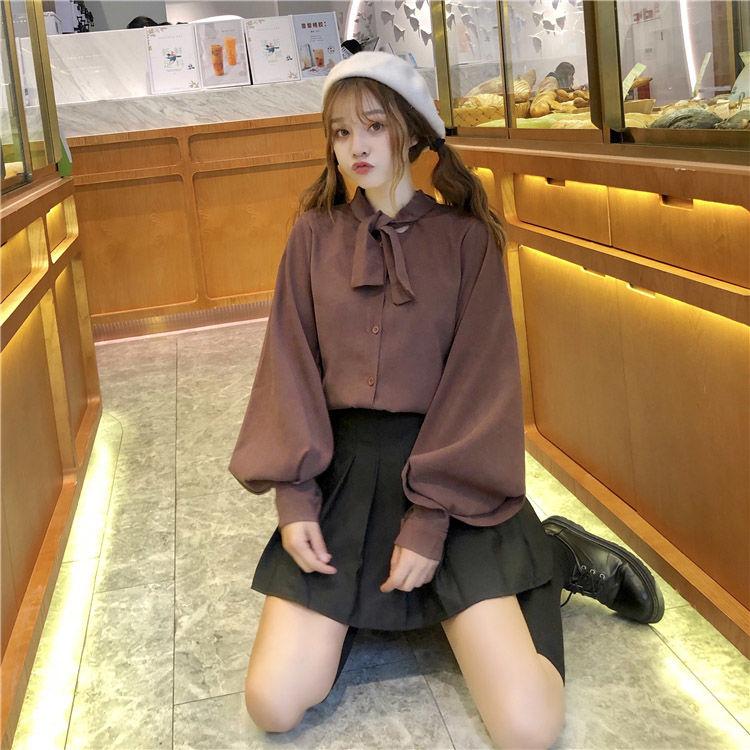 Рубашки женские с бантом Kawaii College Осень корейский стиль элегантные однотонные рукава-фонарики простые уличные свободные модные топы блузки