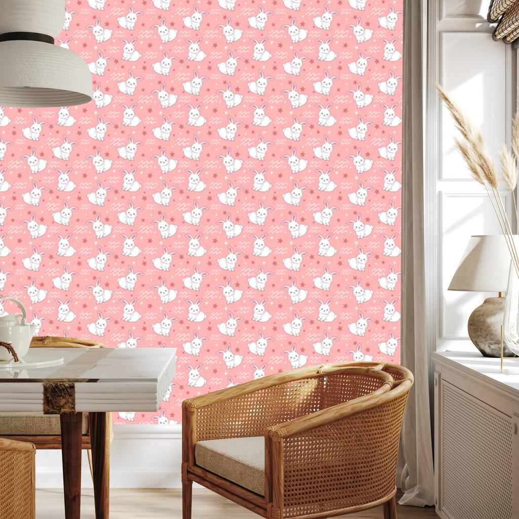 Rabbits Wallpaper Coral and White for Living Room and Bedroom 50x1000