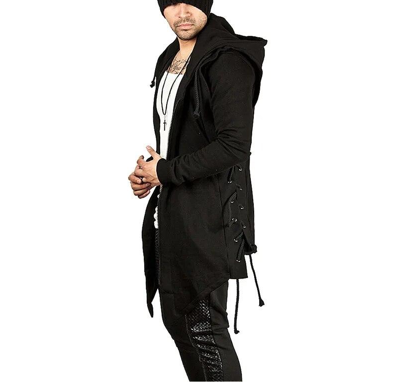 Men's Black Streetwear Zipper Hoodies Sweatshirts Hip Hop Casual Hooded Coat With Side Lashing Crossed Hoody Tracksuits