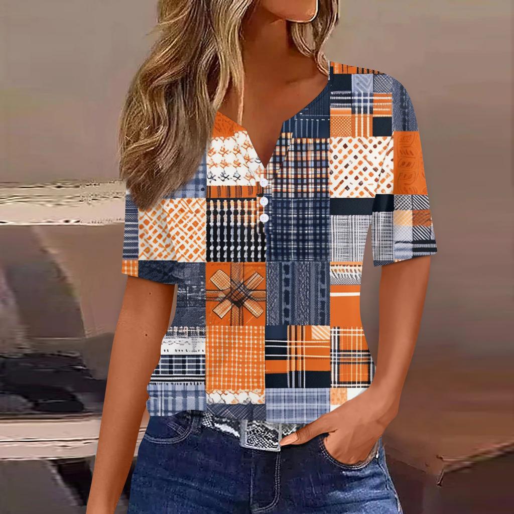 Жен. Футболка С принтом Пуговицы С короткими рукавами Повседневные Выходные Мода Классический Классический V-образный вырез Обычный Топ