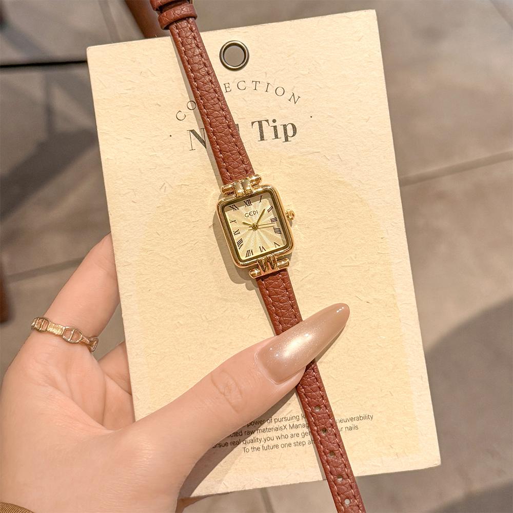 GEDI Women's Vintage Watches Elegant Luxury Waterproof Leather Strap Gold Square Watch Woman Quartz Wristwatches New