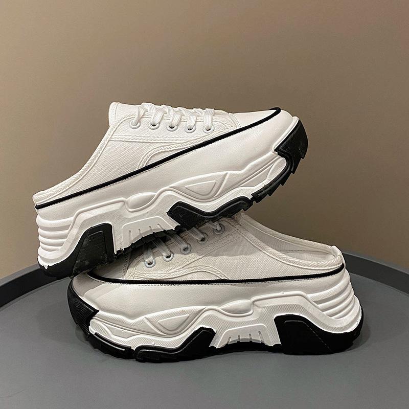 Women's Slippers 2024 Spring Autumn Fashion Baotou Half Slippers Wear New Style Lace-Up Casual Canvas Slippers of Women