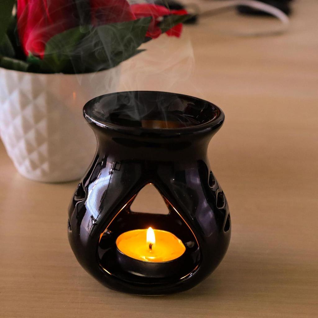 Ceramic Clay Candle Operated Aroma Burner (Black; 9 Cm)