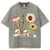 Women Cartoon T-Shirt Vintage Sunflower Print Washed With Water Short Sleeve Tees Couple Streetwear Loose Clothes Tops