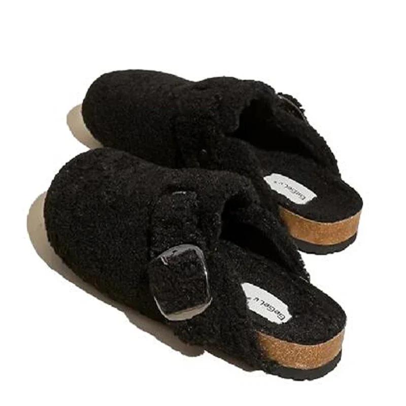 Maogu Mules Fur Woman Shoes Winter New Buckle Flats Platform Walking Plush Ladies Slides Casual Warm Indoor 2025 Women Slippers