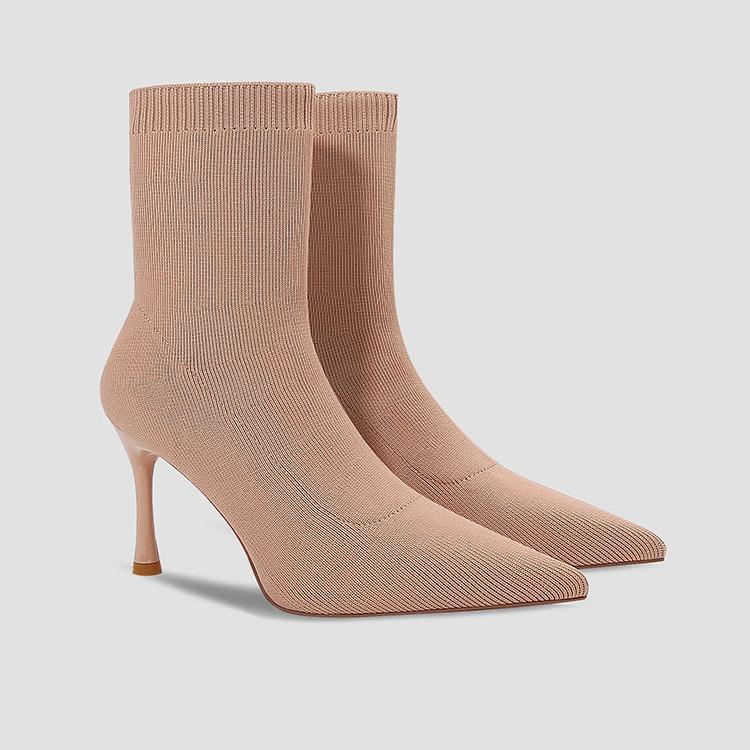 High Heel 8cm New Slim Boots Women's High Heel Short Boots Knitted Single Boots Children's Pointed Socks Boots Thin Heels
