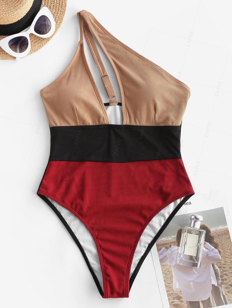 ZAFUL Ribbed Colorblock One Shoulder One-piece Swimsuit