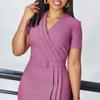 Женское летнее новое однотонное платье с короткими рукавами и V-образным вырезом на талии