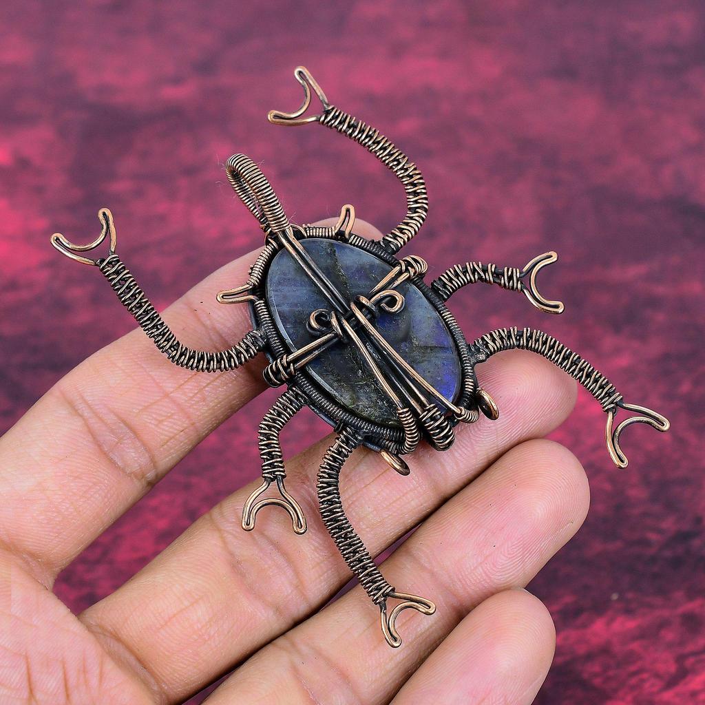 Labradorite Pendant Handmade Beetle Jewelry Copper Wire Wrapped Gemstone Pendant