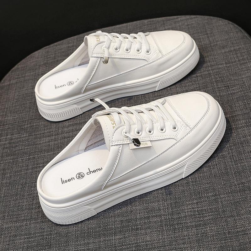 Кожаные полутапочки с сумкой на голову, женская верхняя одежда, весна и лето, новые плоские туфли с одной педалью, без каблука, маленькие белые туфли