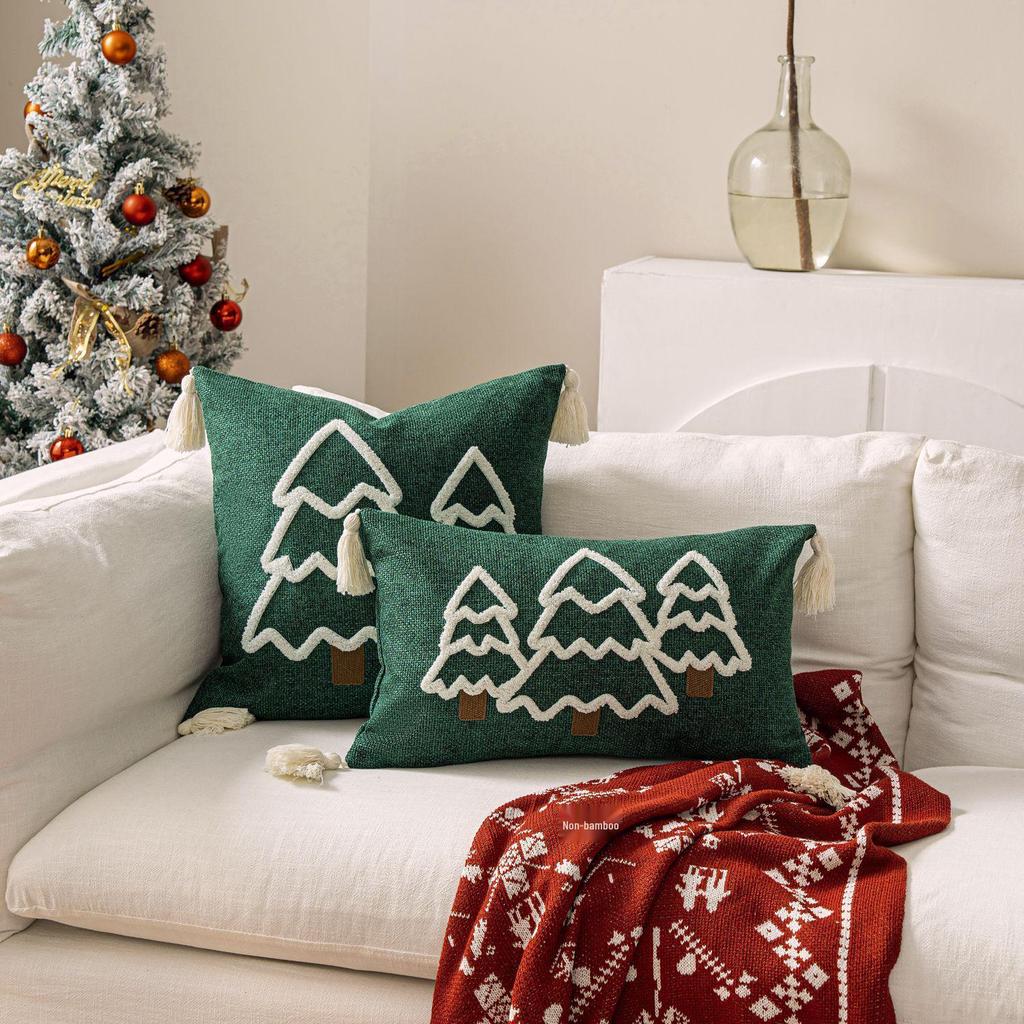 Cross-Border Christmas Tree Embroidered Canvas Pillowcases with Tassels for Sofa Decoration