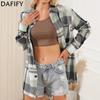 DAFIFY Женская мода повседневная весна осень клетчатый принт длинный рукав воротник поло блузки и рубашки