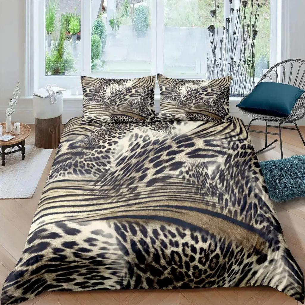 Leopard Print Duvet Cover Set Queen Cheetah Bedding Sets Geometric Comforter Cover African Safari Animal Quilt Cover Room Decor