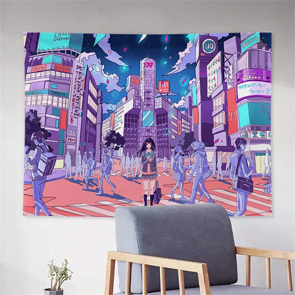 Japanese Handpainted Illustration Printed Tapestry Cartoon Anime Whale City Landscape Tapestry Wall Hanging Kawaii Room Decor