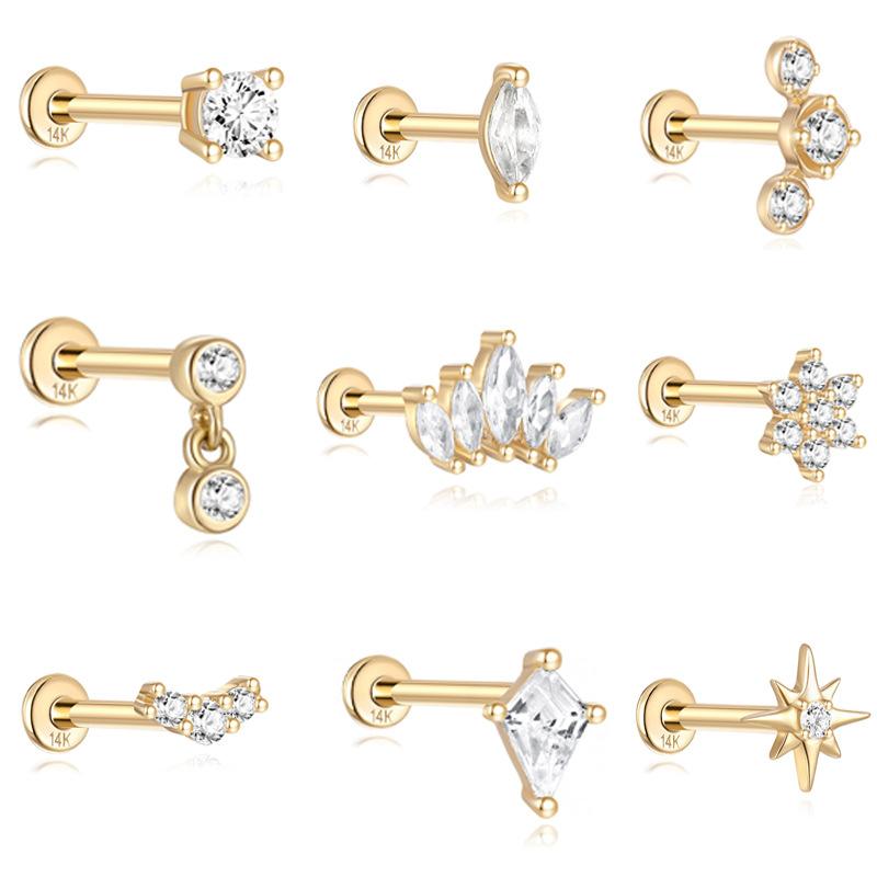 14K Golden Wind Horse Eye Octagon Star Пирсинг Внутренняя резьба Плоское дно 18G Золотые серьги-гвоздики для ушных косточек